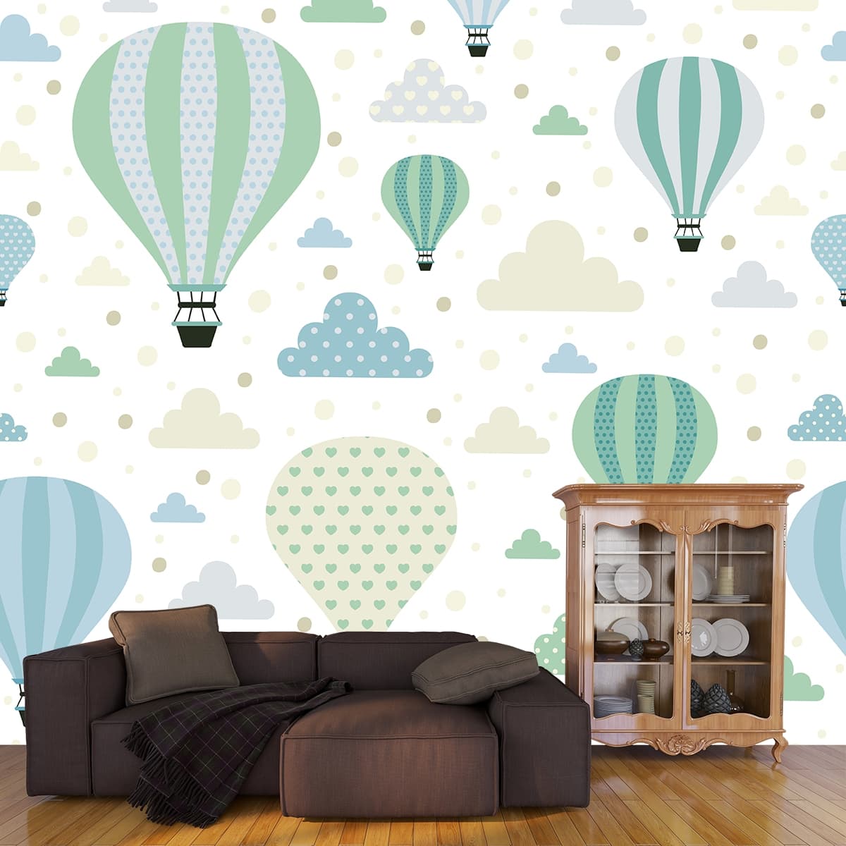 Calm Blue Balloon Meadow Wallpaper shown in a room