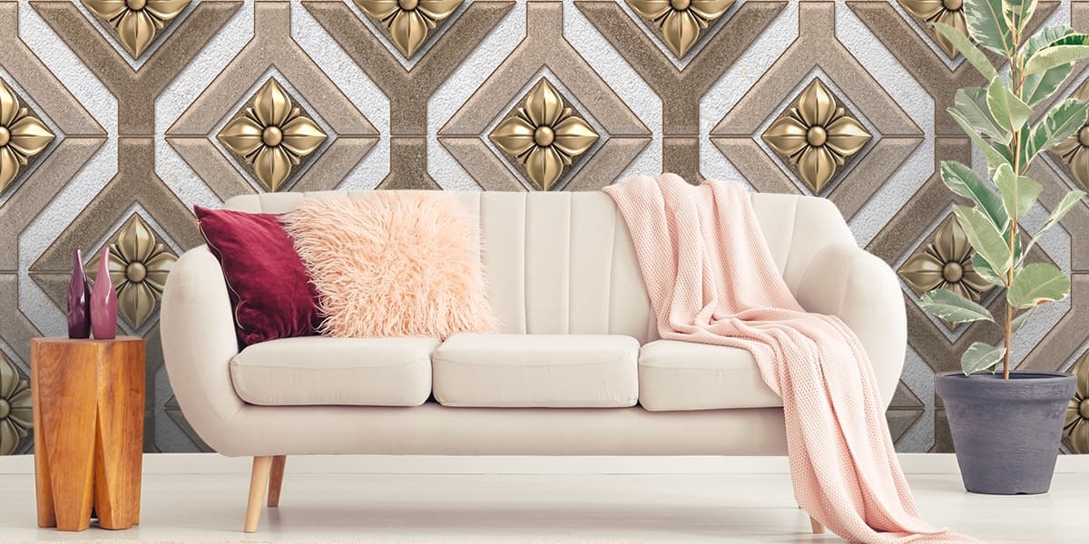 Stylish Gold Floral Diamond Design Wall Mural Wallpaper shown in a room