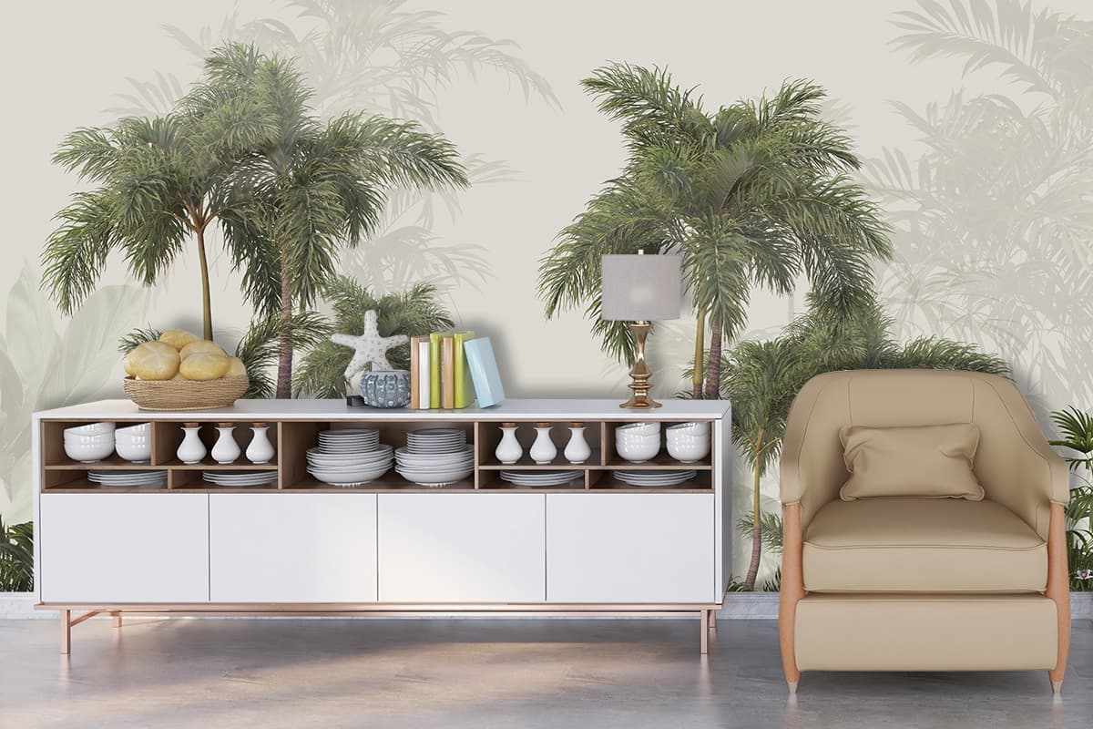 Peaceful Island Palm Trees Wallpaper Mural shown in a room