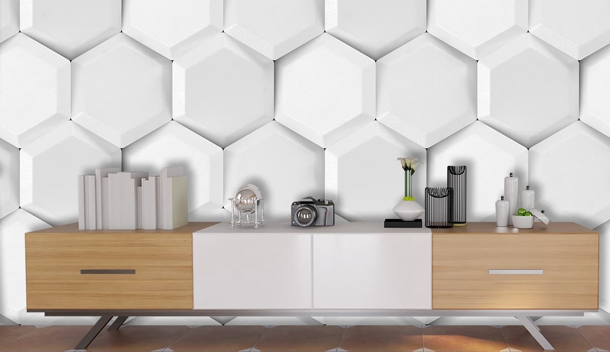 White Hexagon Pattern Modern Wall Mural Wallpaper shown in a room