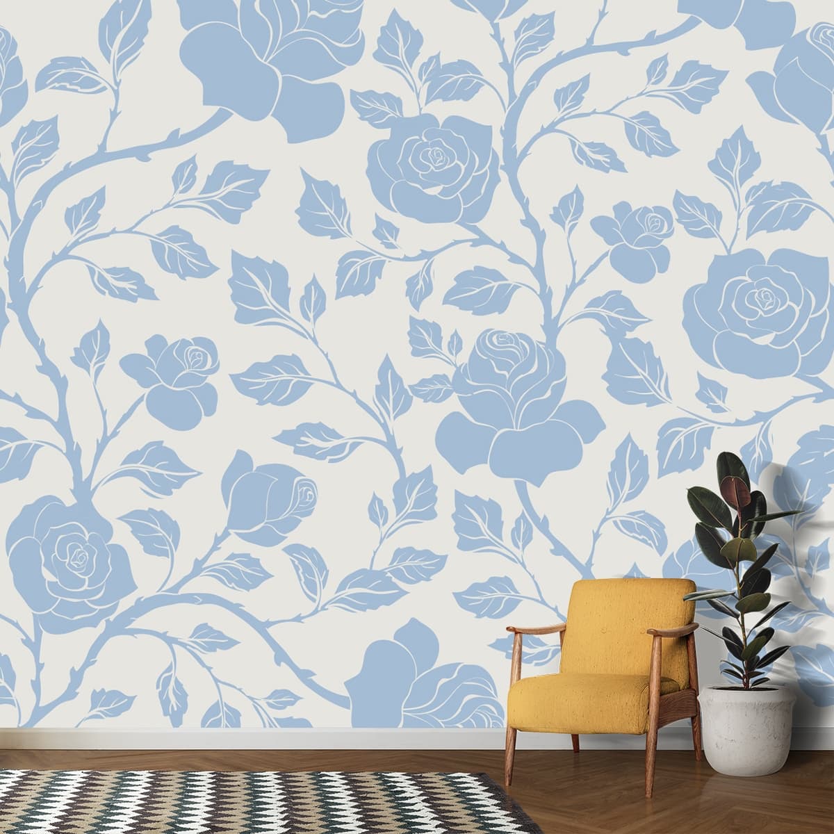 A pattern of blue flowers and leaves shown in a room
