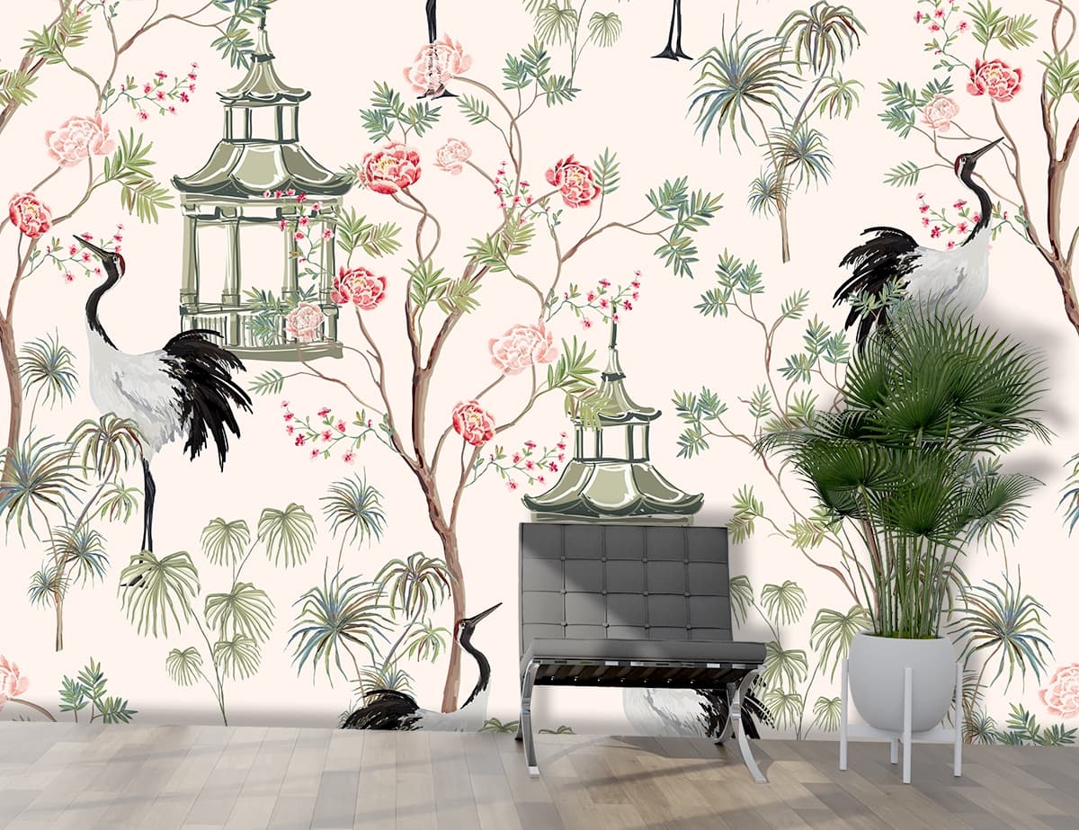 Beautiful Bedroom Wallpaper With Pattern of Birds and Trees shown in a room