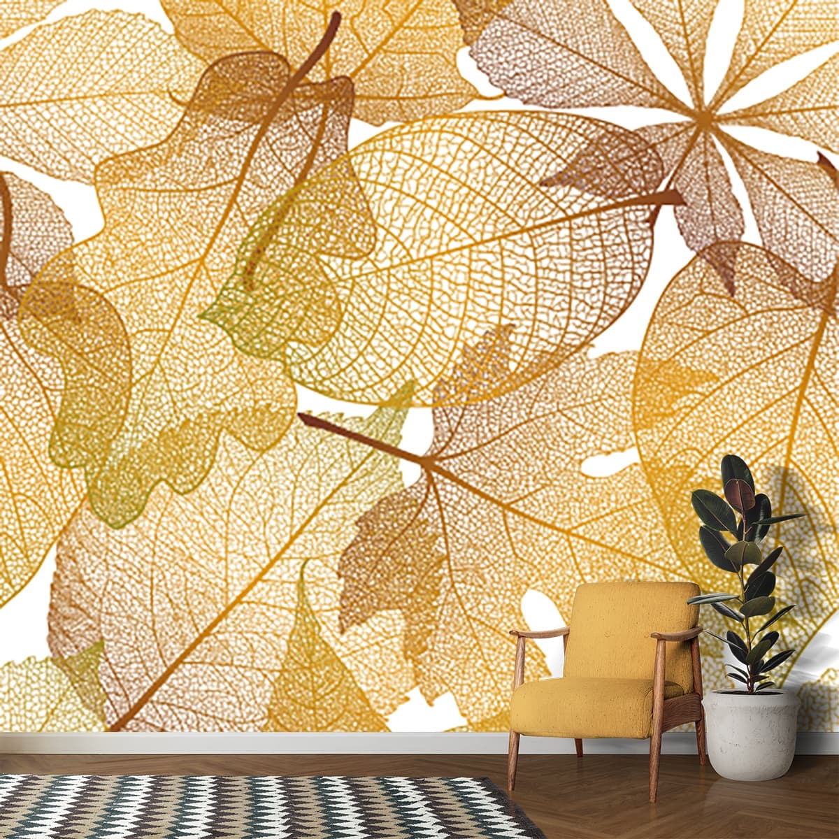 Autumn Brown and Yellow Leaves Pattern Design Wallpaper shown in a room