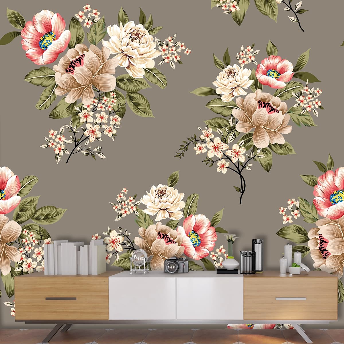 Springtime Meadow Bloom Floral Wallpaper shown in a room