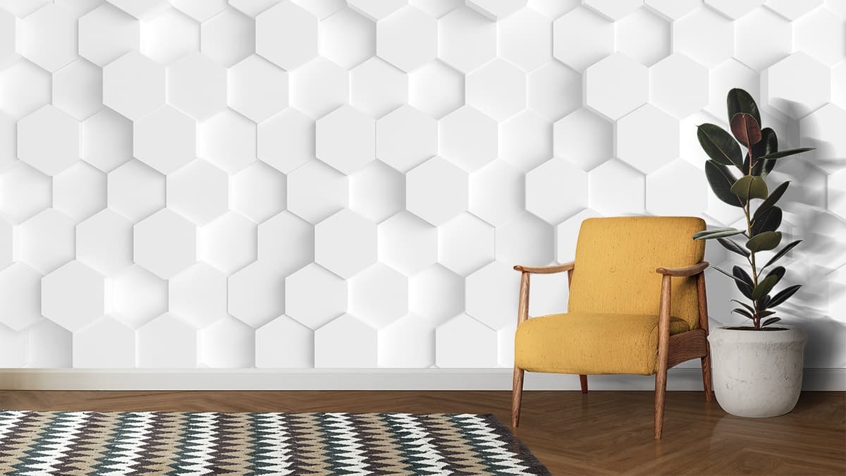 3D White Hexagon Wallpaper shown in a room
