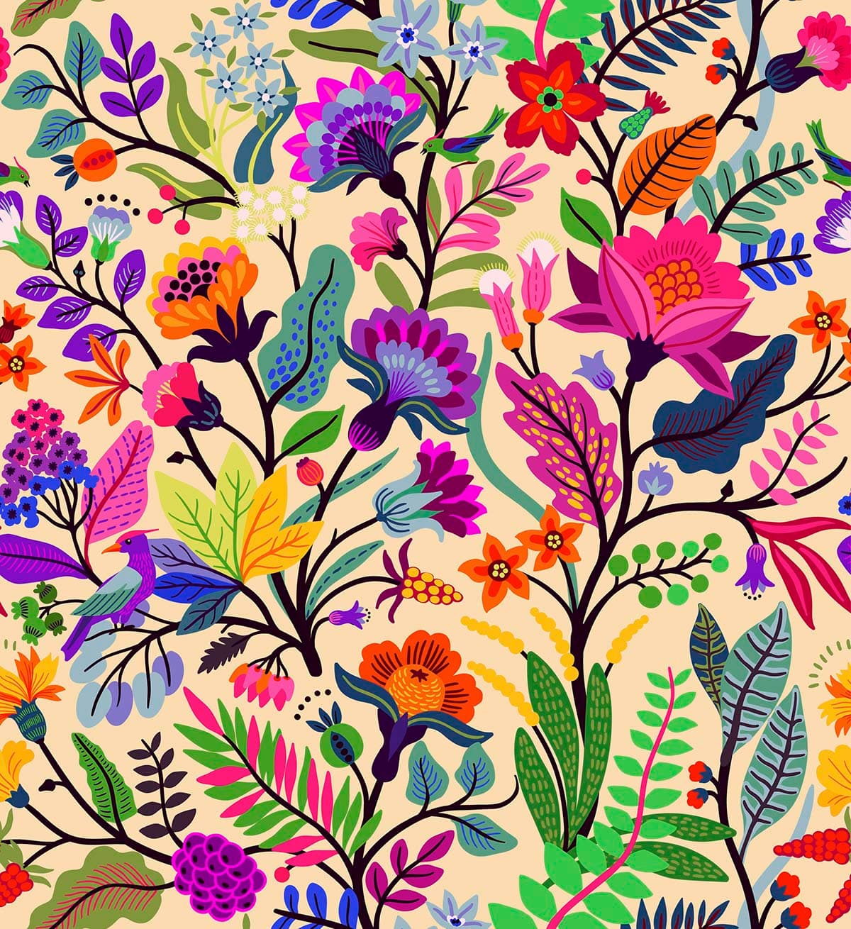 Colorful Floral Pattern on Beige Background Elegant Wallpaper pattern detail