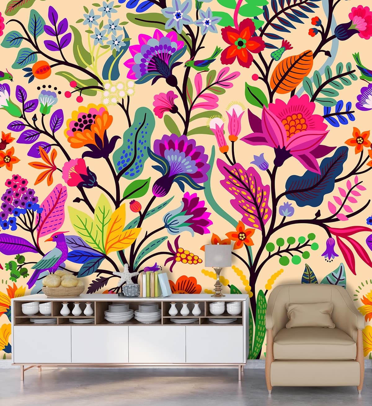 Colorful Floral Pattern on Beige Background Elegant Wallpaper shown in a room