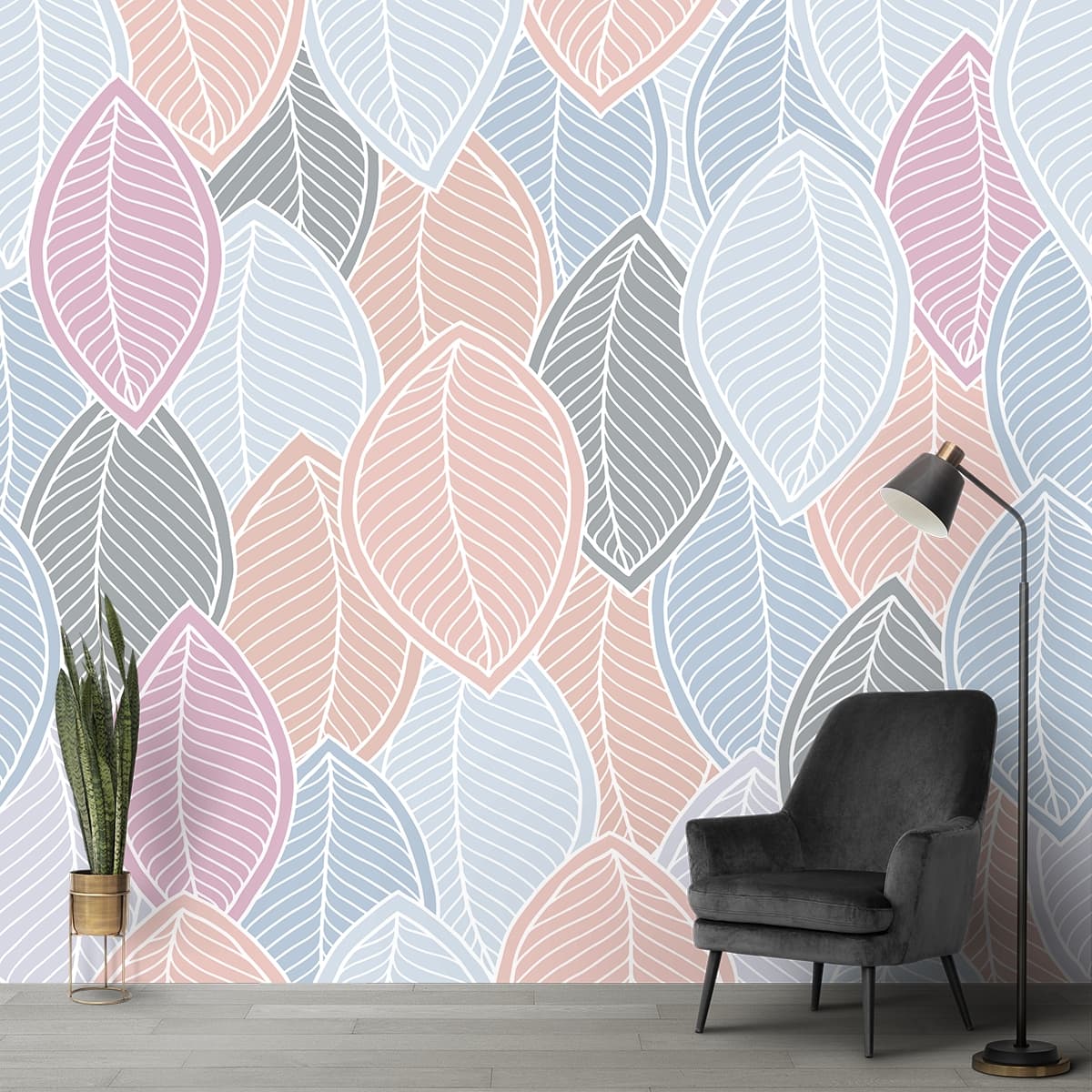 A pattern of leaves shown in a room