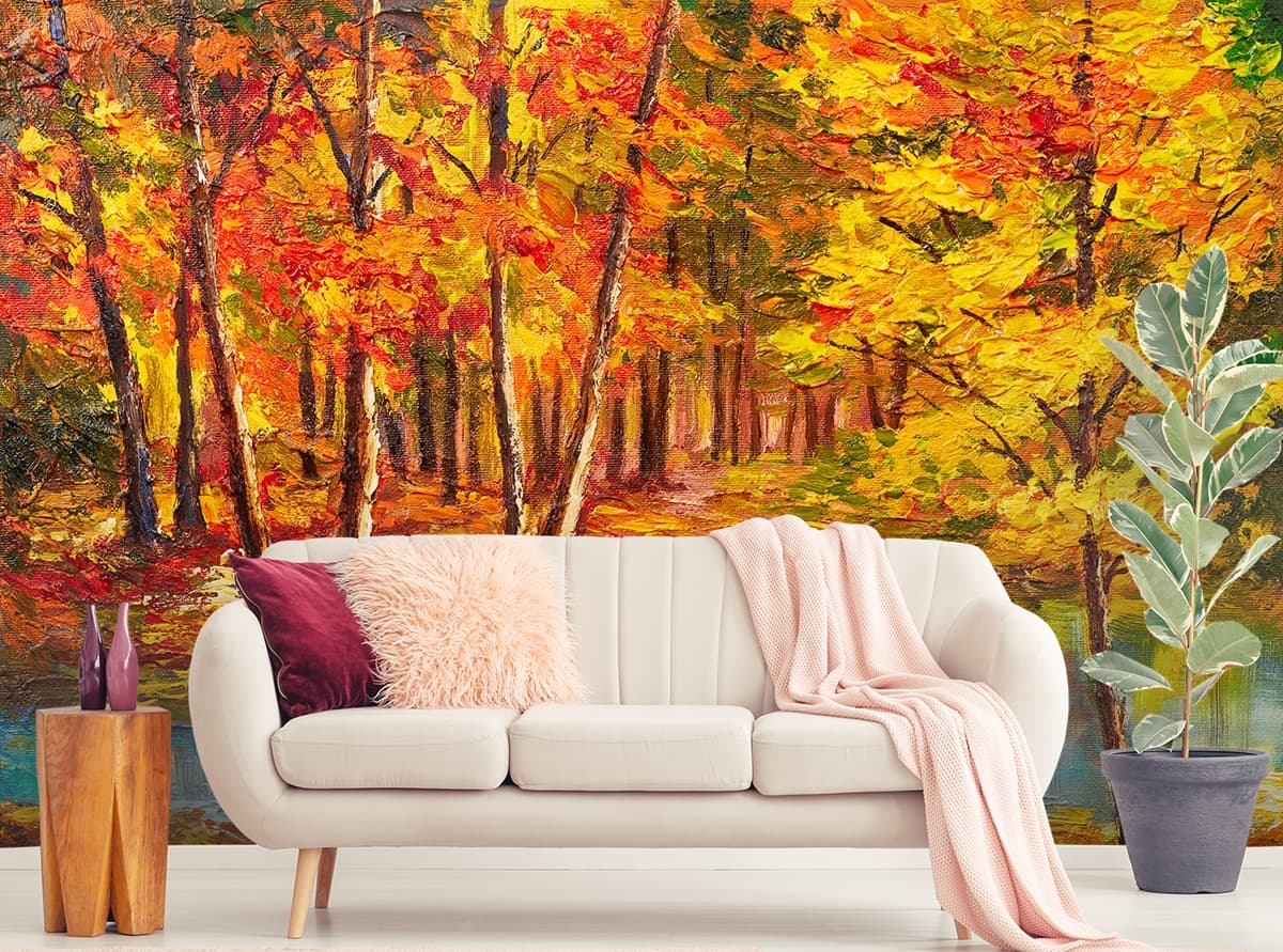 Vibrant Sunset View and Old Stone Bridge Wallpaper shown in a room