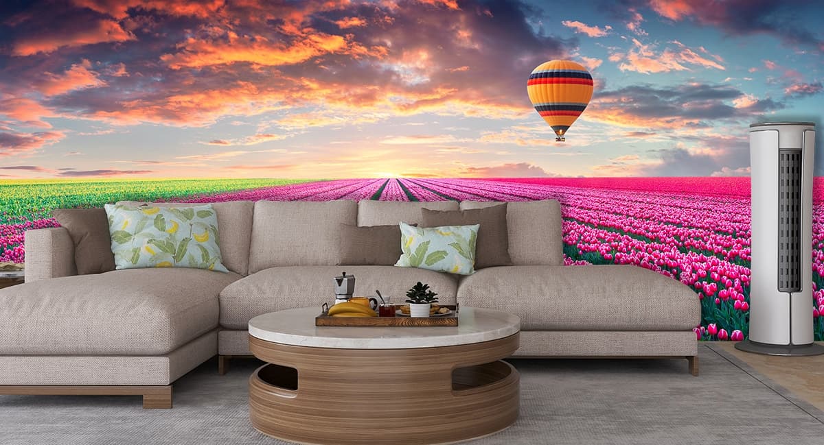 Beautiful Tulip Farm Wallpaper for Wall shown in a room