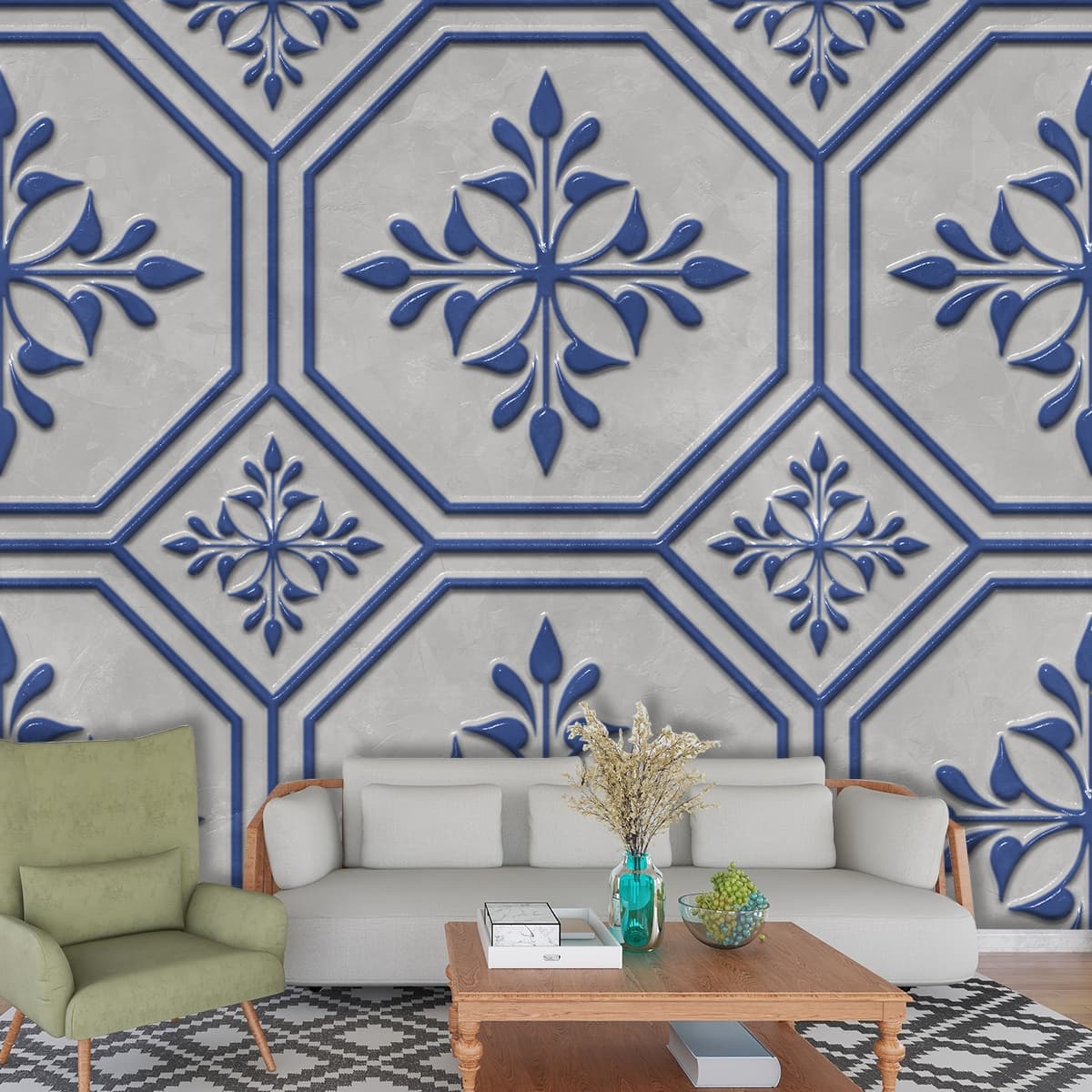 A pattern of blue and white tiles shown in a room