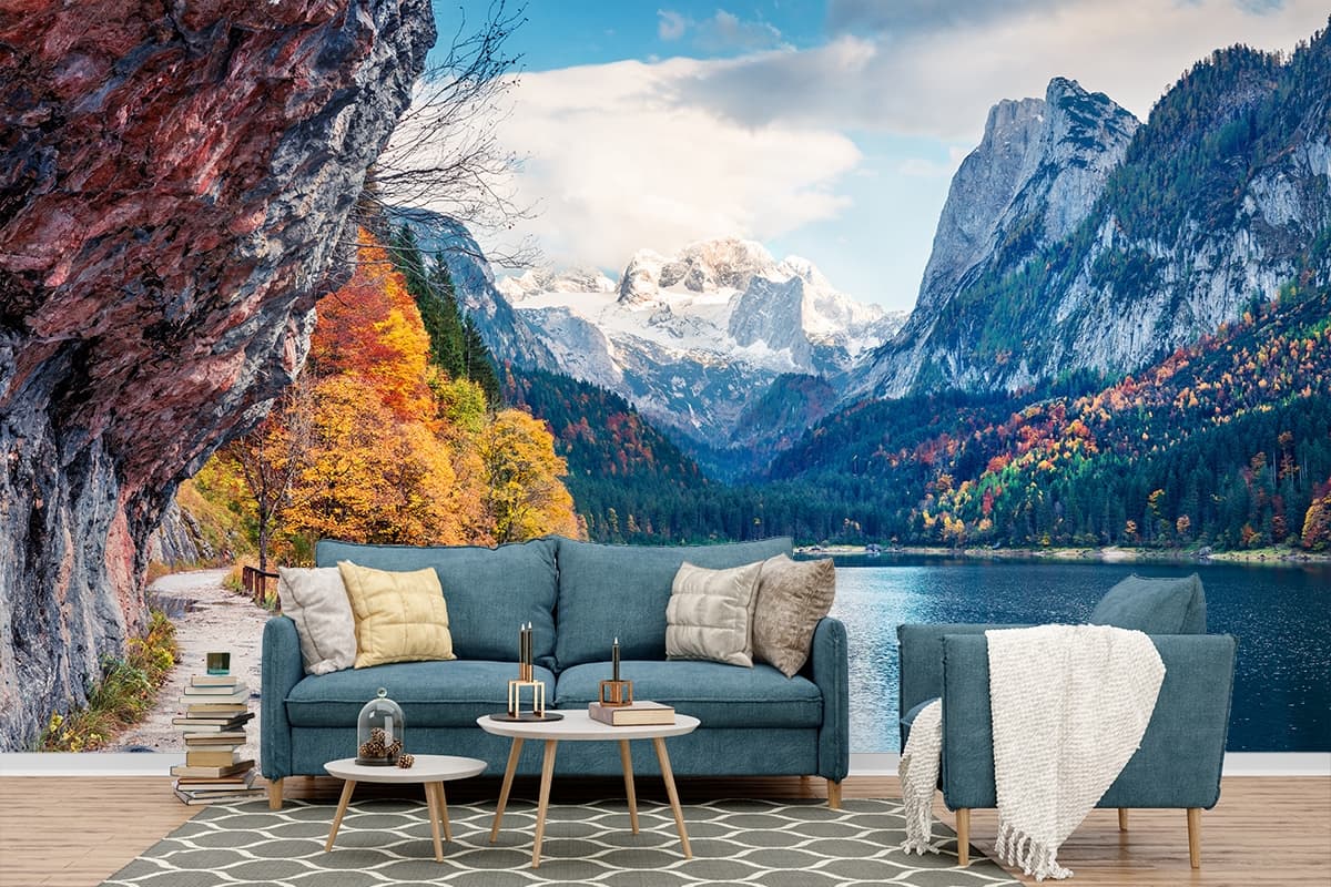 Scenic Pathway Beside Lake Nature Wall Mural Wallpaper shown in a room