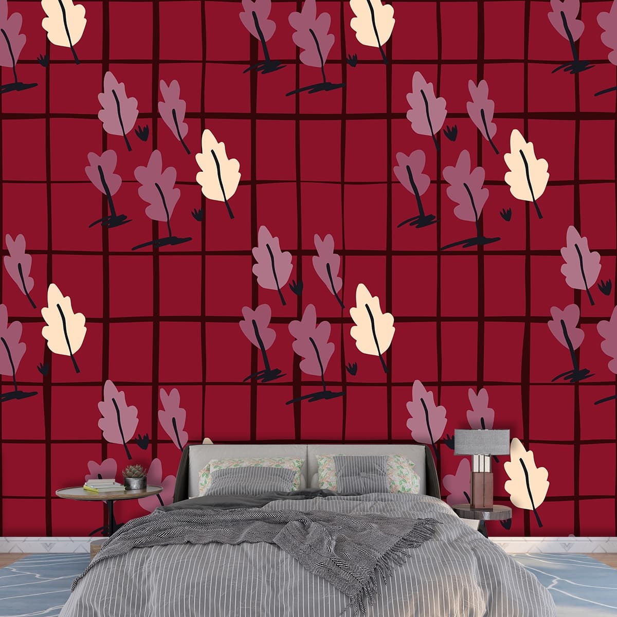 Red Background Leaf Pattern Bold Wallpaper shown in a room