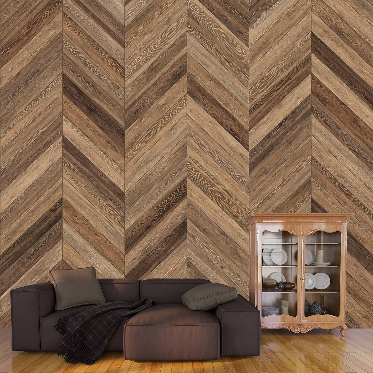 Chevron Wood Pattern Wallpaper for Walls shown in a room