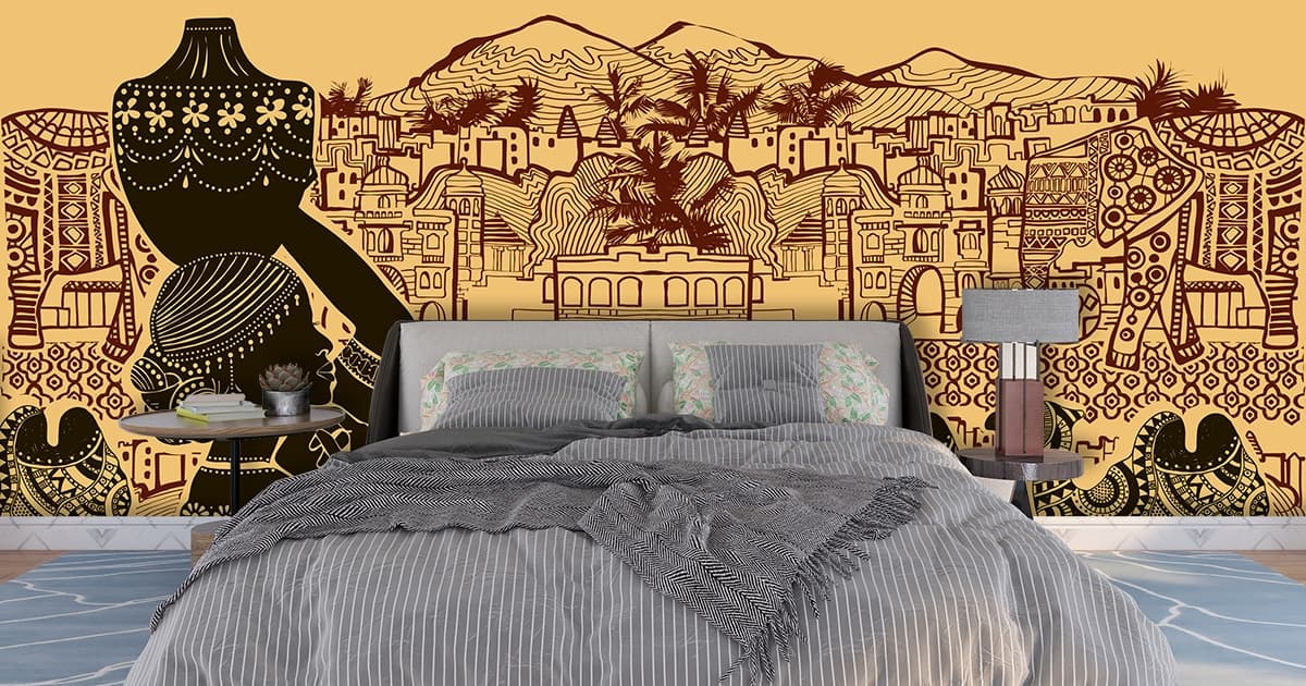 Rajasthani Style Art Wallpaper Mural shown in a room