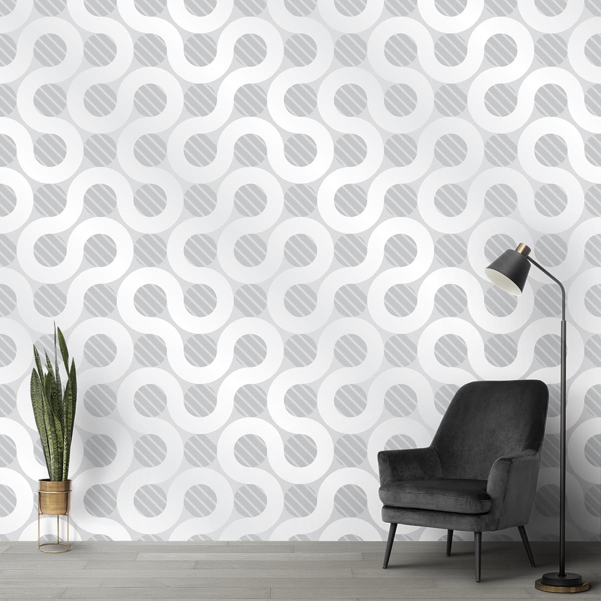 Classic White and Gray Pattern Decor Style Wallpaper shown in a room