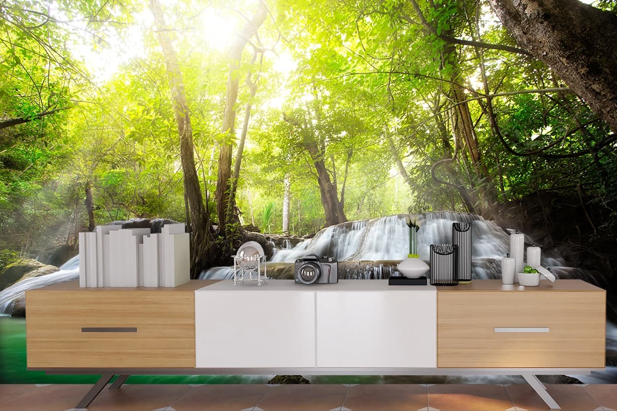 Forest Waterfall Scene Wallpaper for Wall shown in a room
