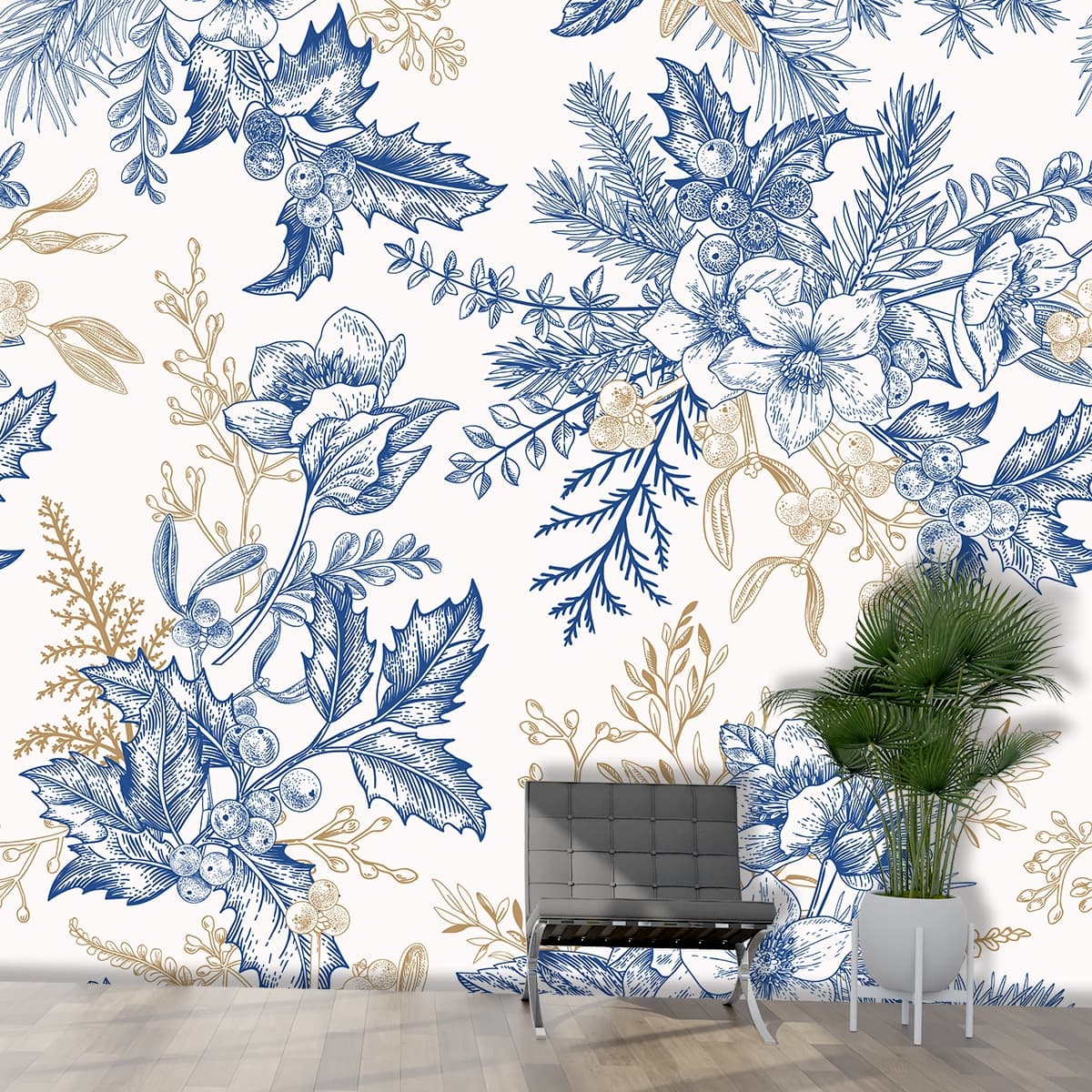 An Artistic Painted Wallpaper of Flowers and Leaves Pattern shown in a room