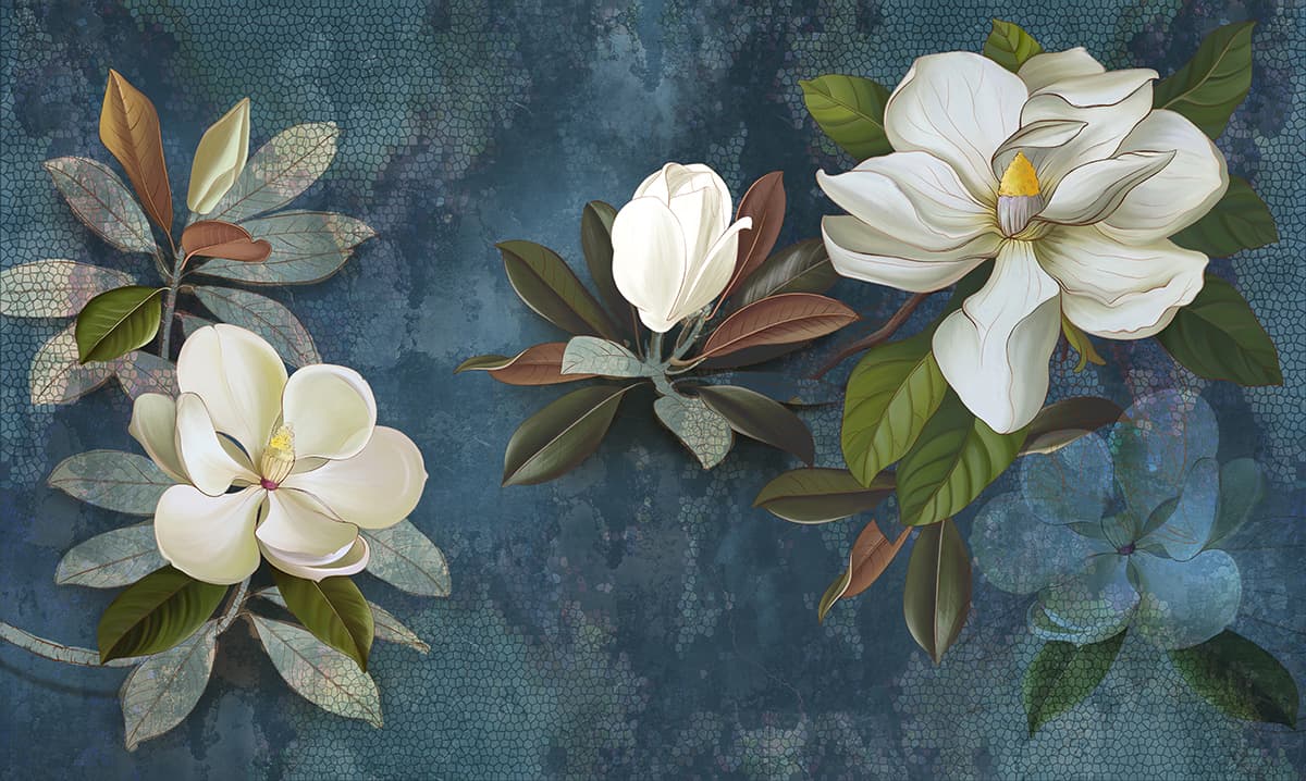 A group of white flowers with green leaves pattern detail