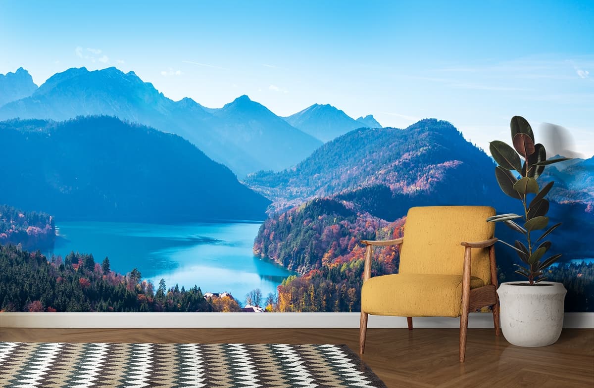 Nature Escape with Lake and Mountain Horizon Wallpaper shown in a room
