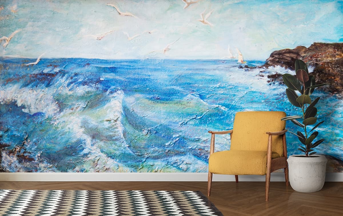 Ocean Shoreline Painting Nature Scene wallpaper shown in a room