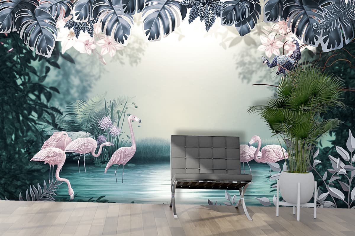 Creative 3D Style Blue and Yellow Fish Mural Wallpaper shown in a room