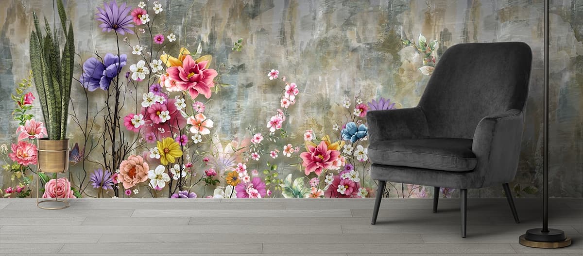 Colorful Realistic Floral Design Wallpaper Mural shown in a room