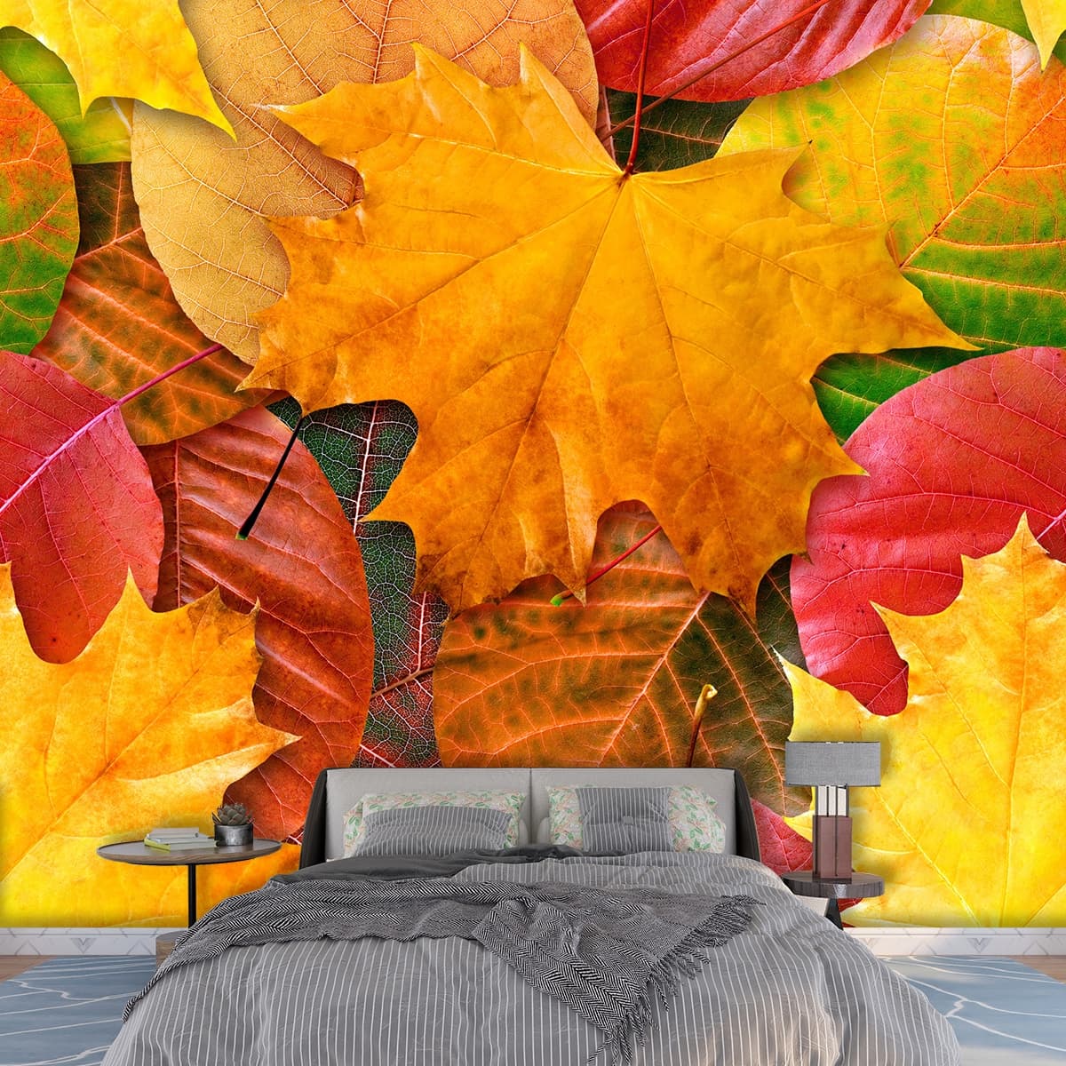 Modern Colorful Fall Leaves for a Bright Room Wallpaper shown in a room