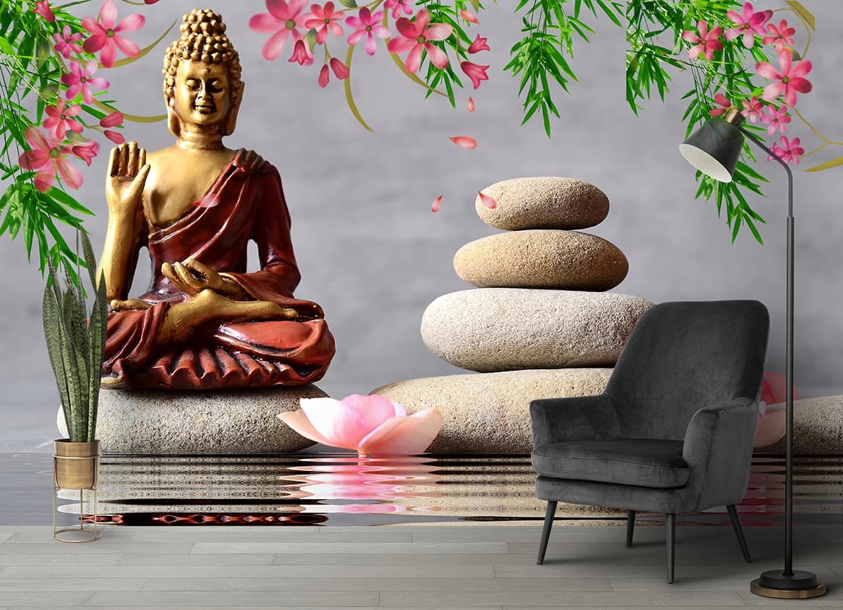Soothing Blessing Buddha Feng Shui Wallpaper Mural shown in a room