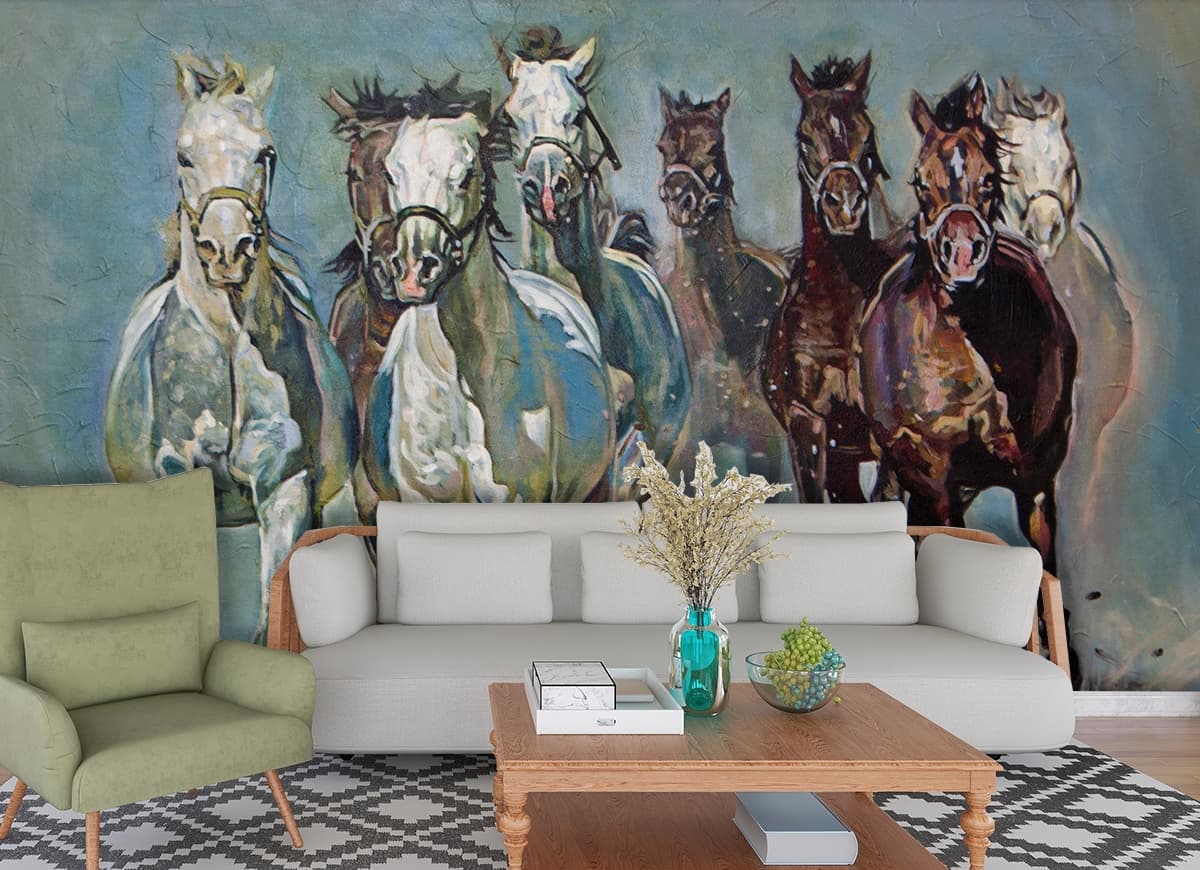 Vastu Inspired Running Horses Art Wallpaper shown in a room