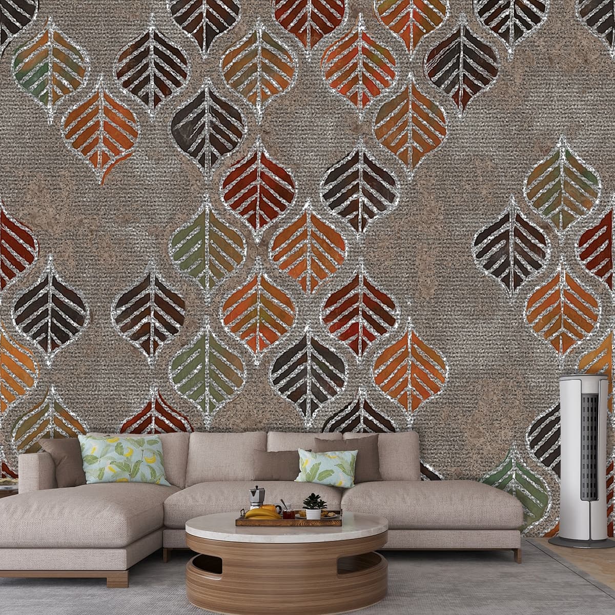 A pattern of leaves on a fabric shown in a room