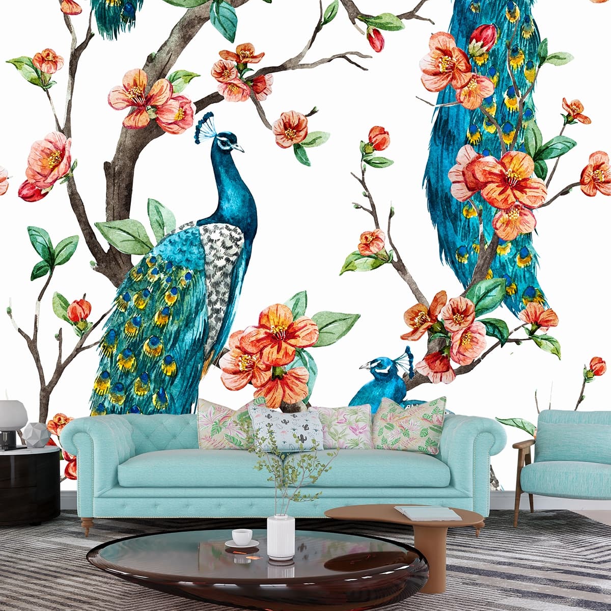 Vintage Floral Close-Up Botanical Pattern Wallpaper shown in a room