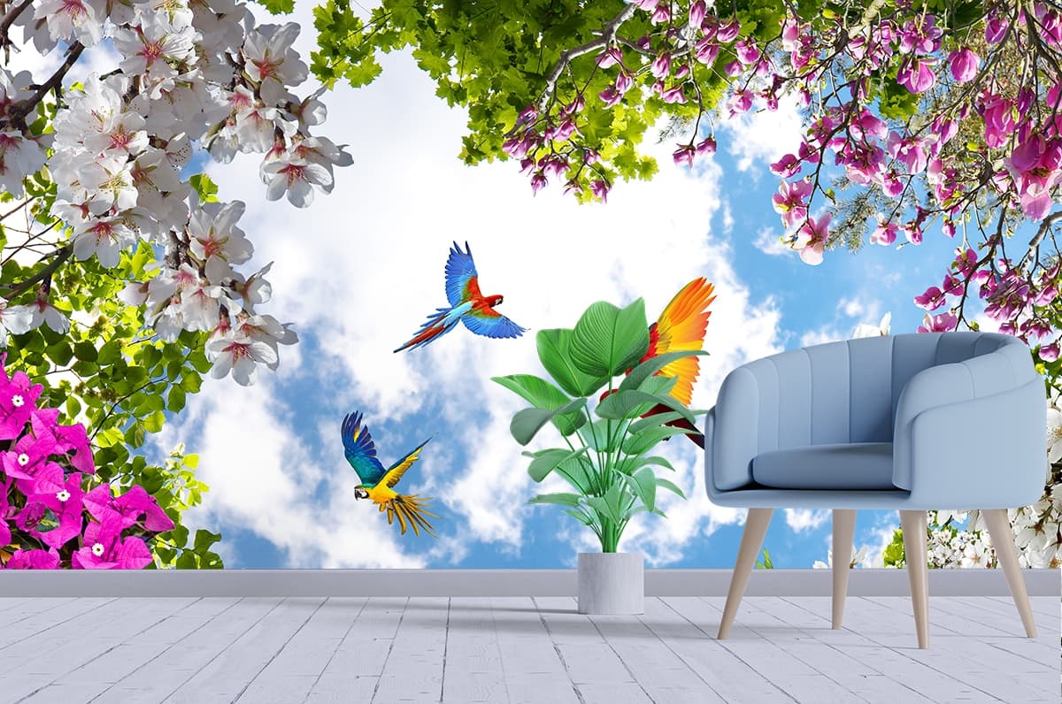 Birds Flying in the Sky Ceiling Wallpaper shown in a room