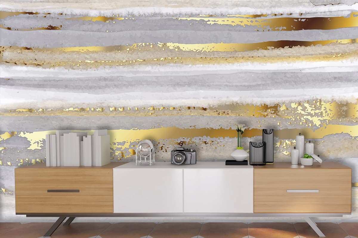 White and Gold Striped Wallpaper shown in a room