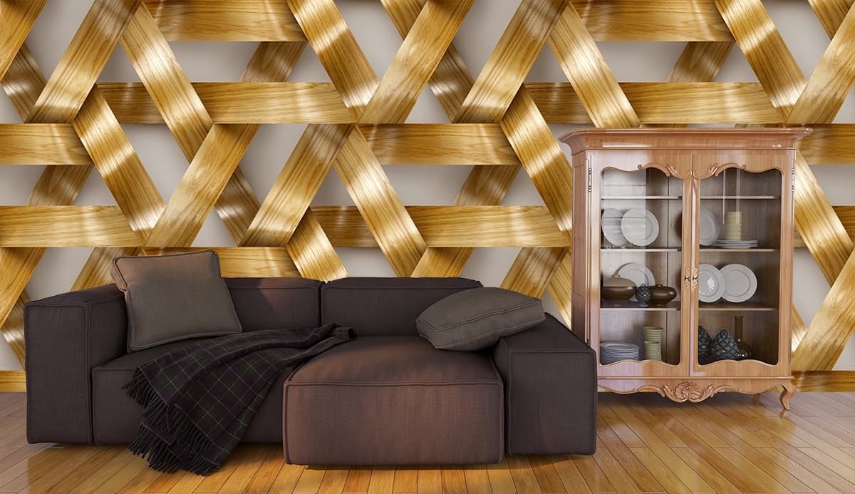 3D Pattern of Wood Strips Wallpaper shown in a room