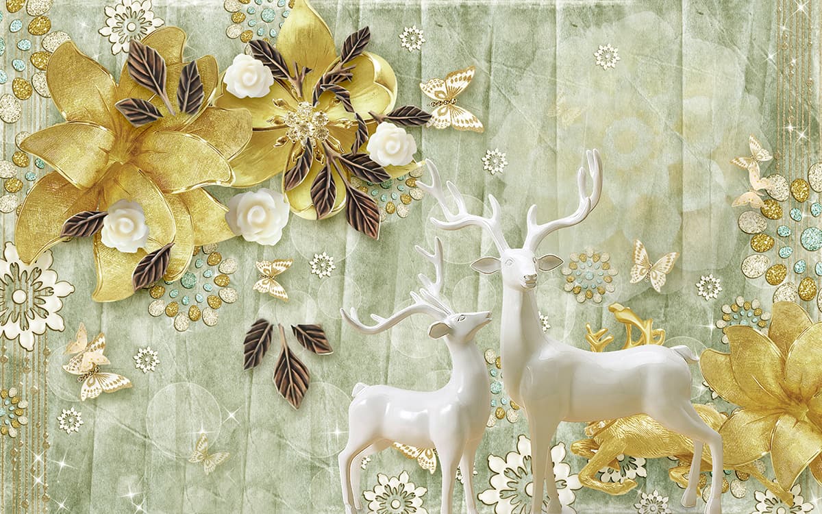 White Deer with Gold Flowers and Butterflies Luxury Wallpaper pattern detail