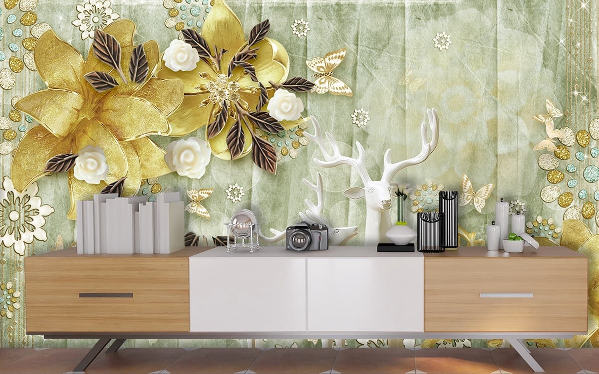White Deer with Gold Flowers and Butterflies Luxury Wallpaper shown in a room