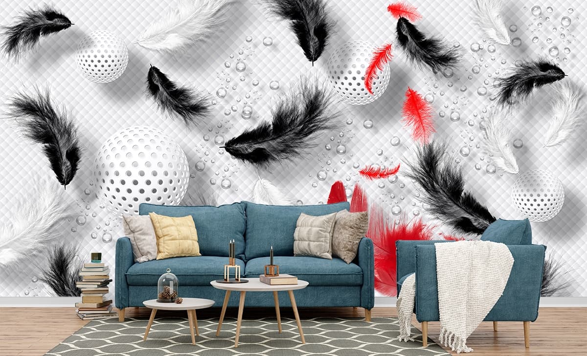Artistic Golf Balls with Feather Texture Wallpaper shown in a room