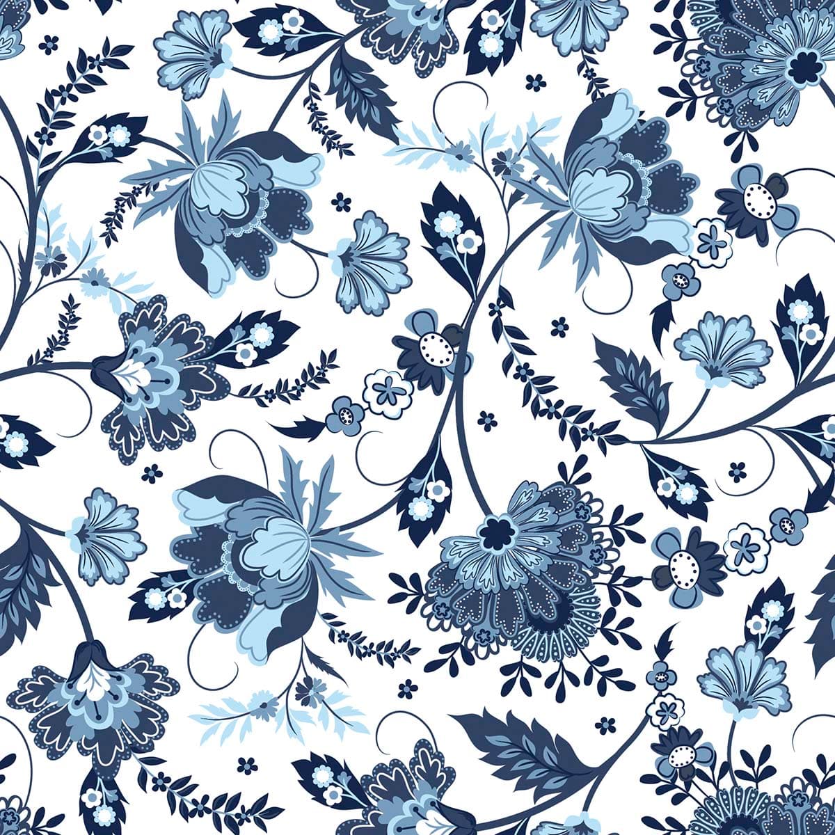 Classic Blue White Floral Pattern Vintage Style Wallpaper pattern detail