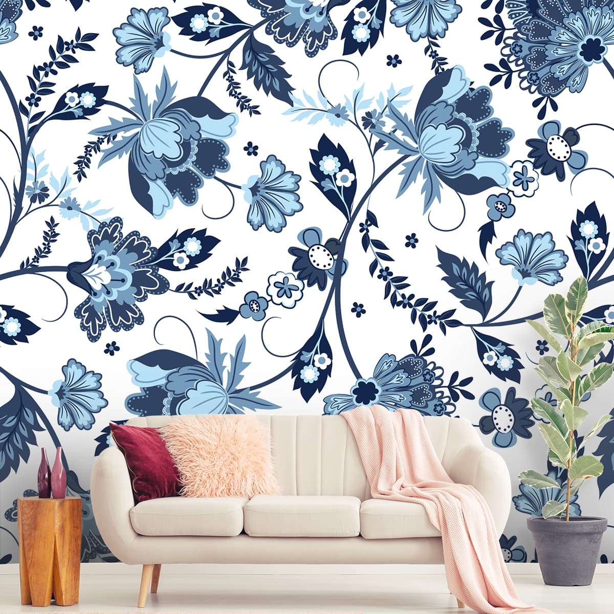Classic Blue White Floral Pattern Vintage Style Wallpaper shown in a room
