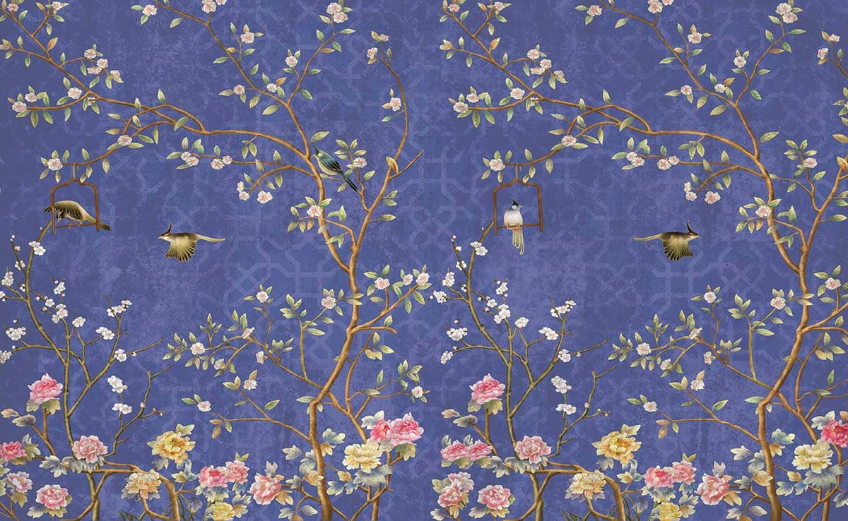Birds on Branches with Floral Design Wallpaper pattern detail