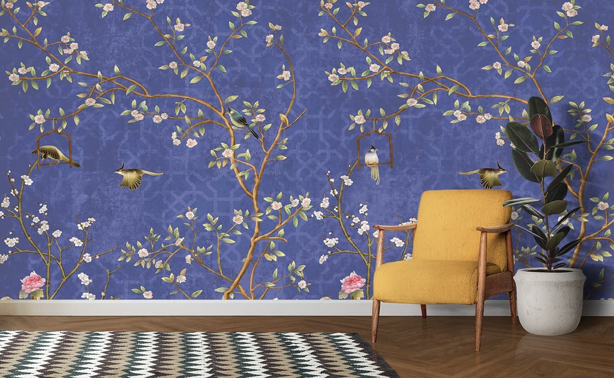 Birds on Branches with Floral Design Wallpaper shown in a room