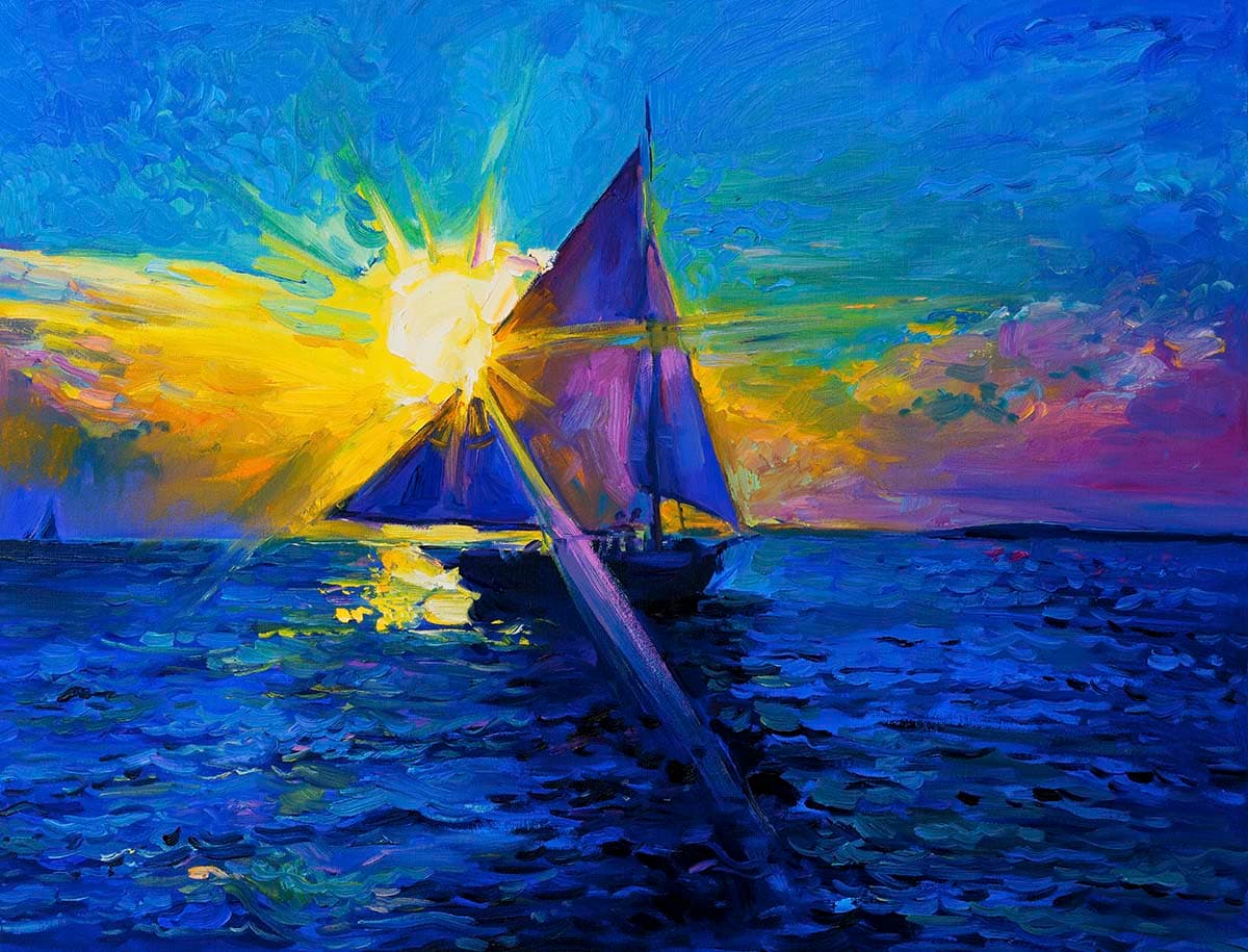 Sailboat in Ocean Painting Scenic Seascape wallpaper pattern detail