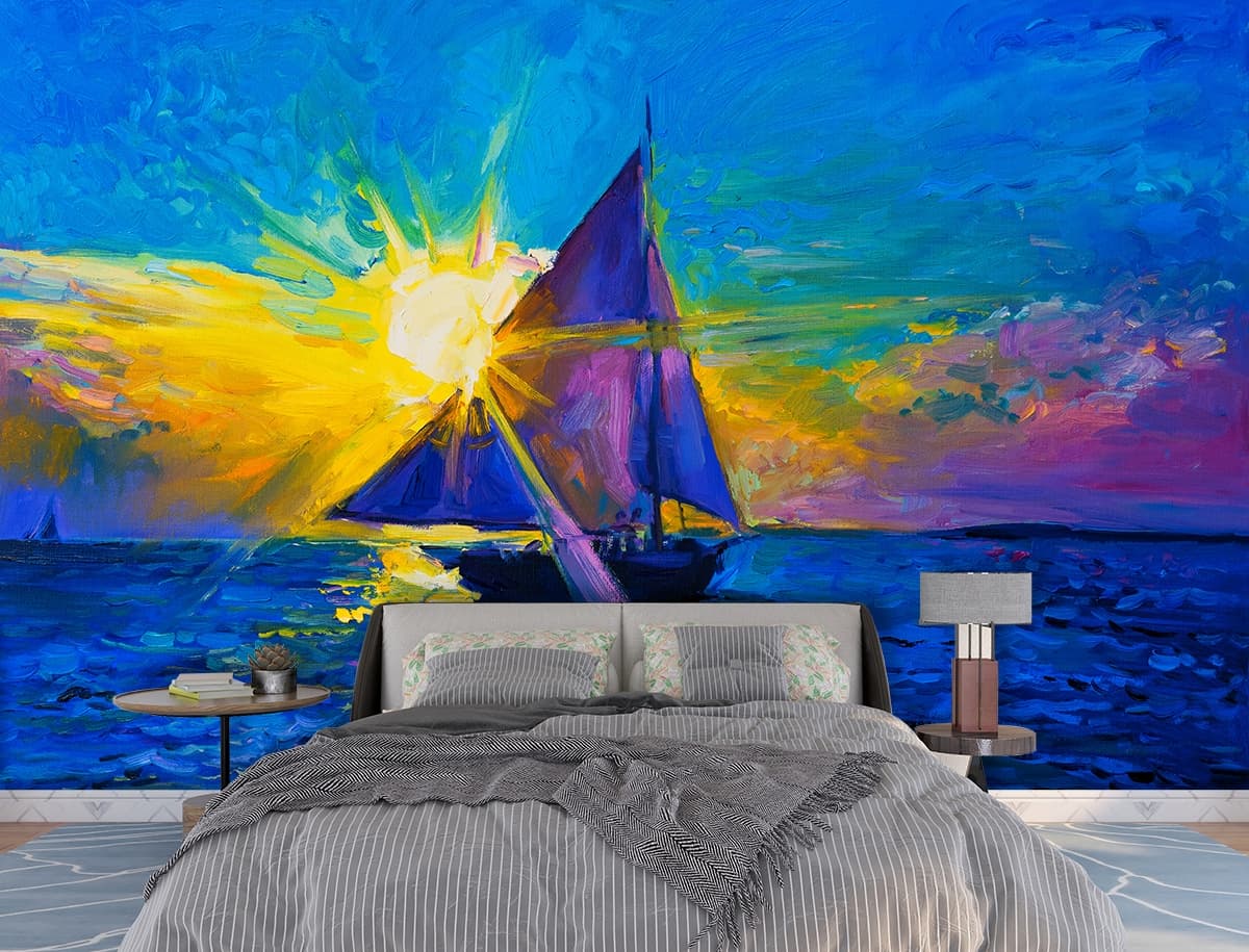 Sailboat in Ocean Painting Scenic Seascape wallpaper shown in a room