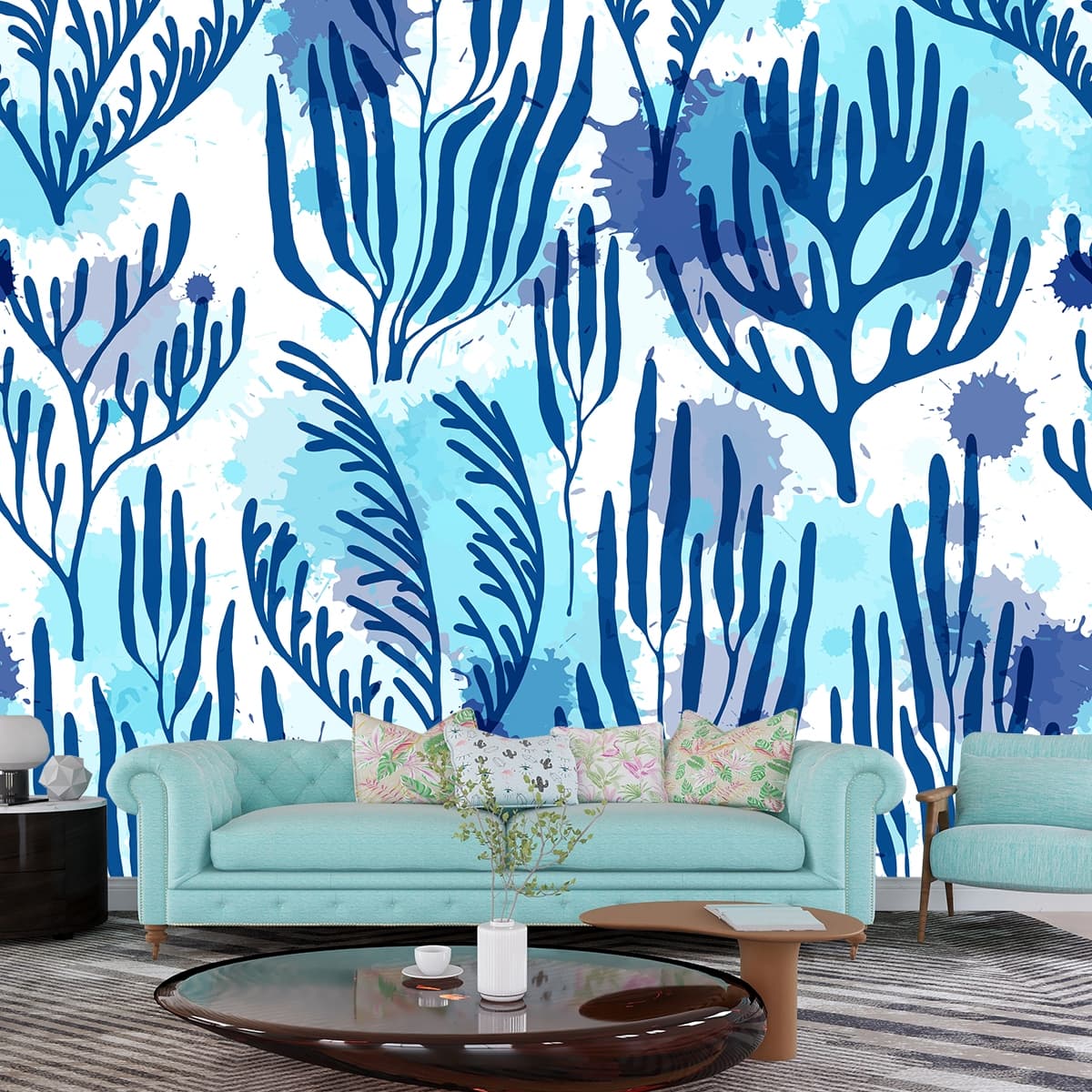 Pattern of Blue Plants Wallpaper for Walls shown in a room