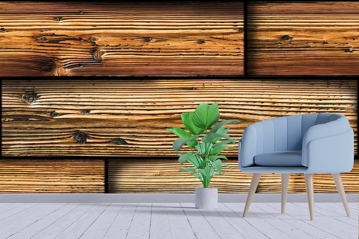 3D Stacked Reclaimed Wood Panel Effect Wallpaper shown in a room