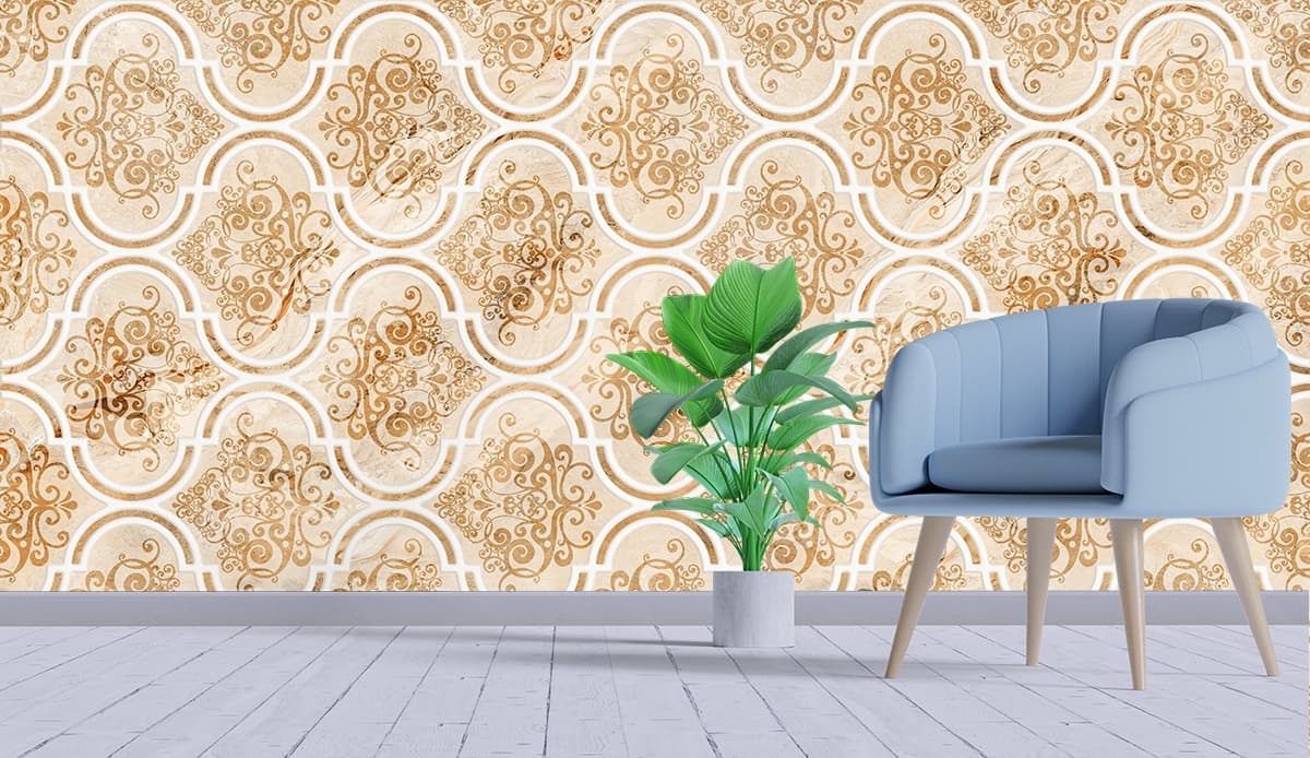 A pattern of a tile shown in a room
