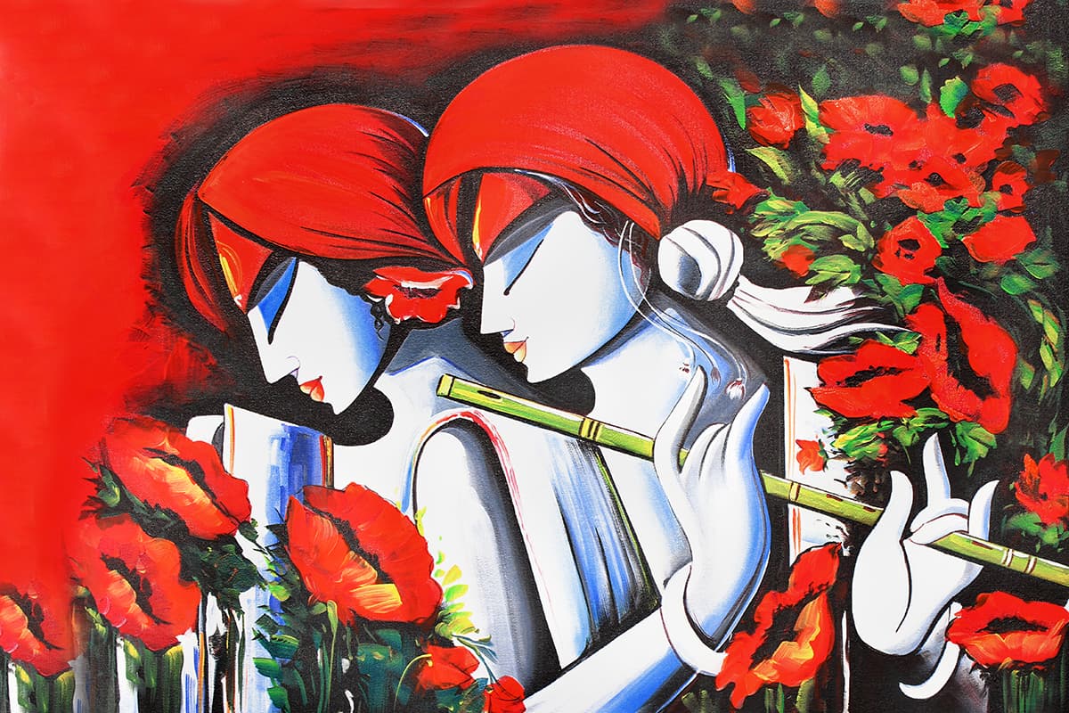 Radhe Krishna Acrylic Oil Painting Wallpaper Mural pattern detail