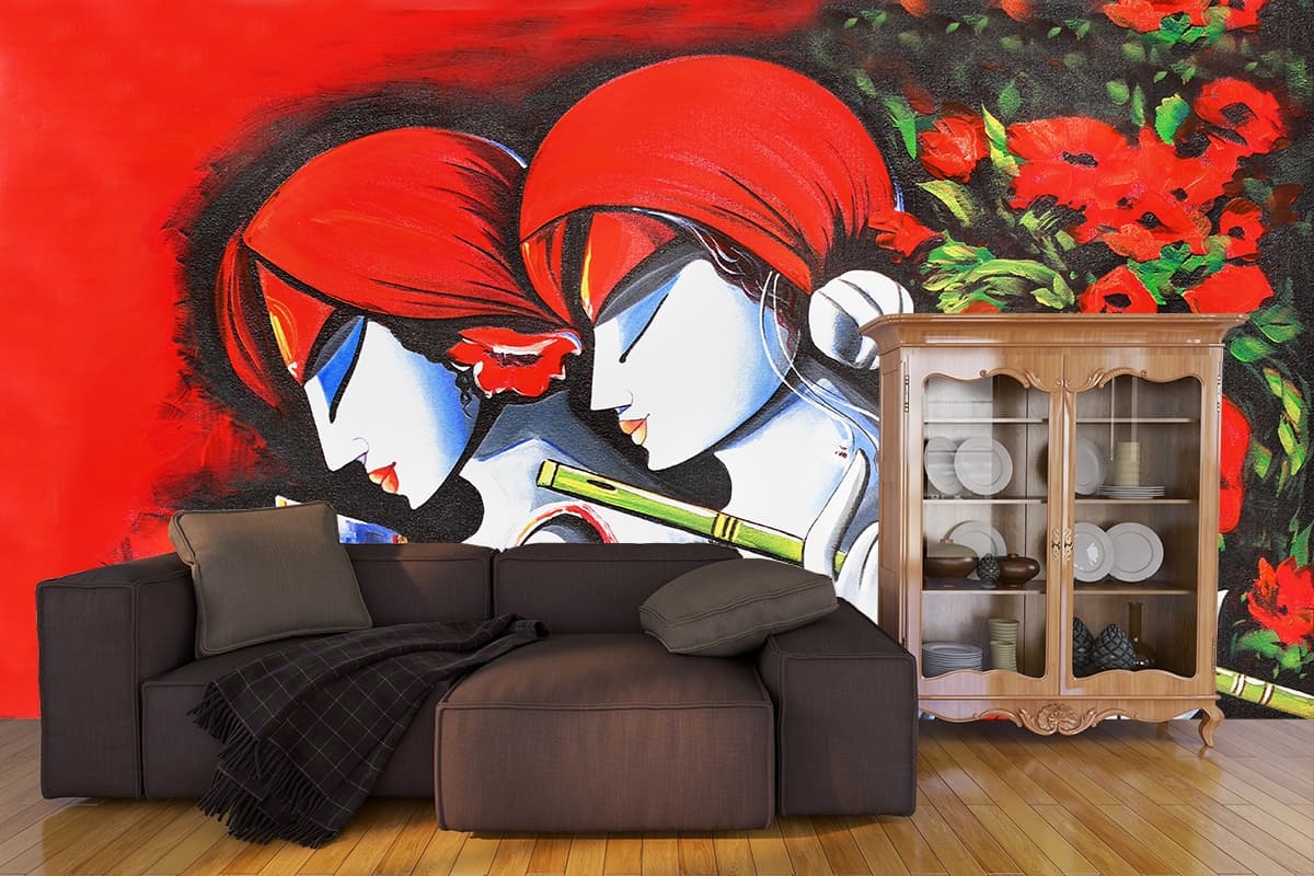 Radhe Krishna Acrylic Oil Painting Wallpaper Mural shown in a room
