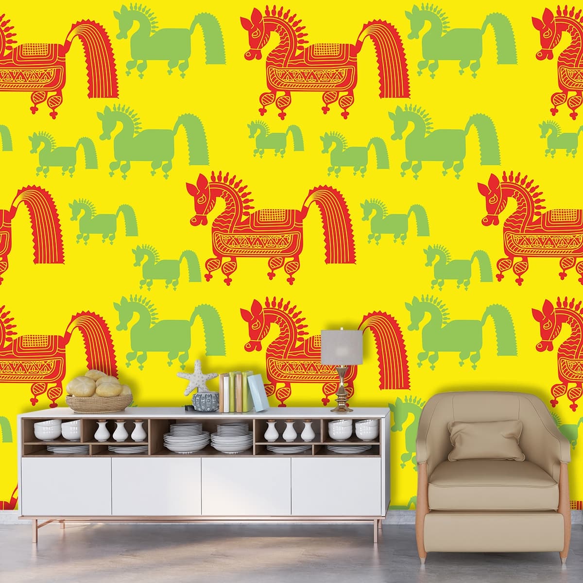 Colorful Horse Pattern Wallpaper Mural shown in a room